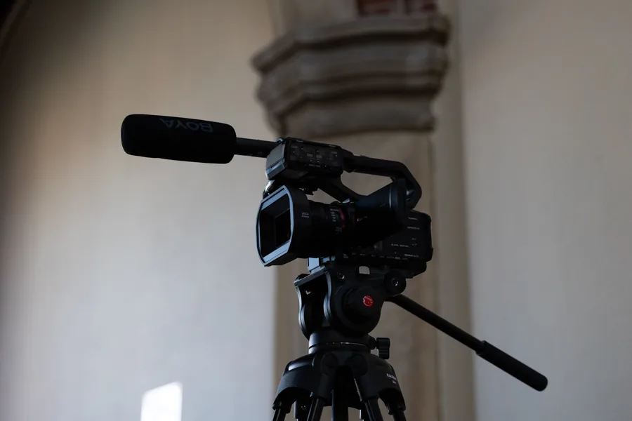 Professional funeral live streaming camera equipment set up in church